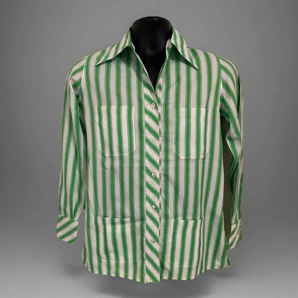 VTG 70s Dagger Collar Shirt Mod Colorful Green White Stripe Chore Yoke Sleeve M